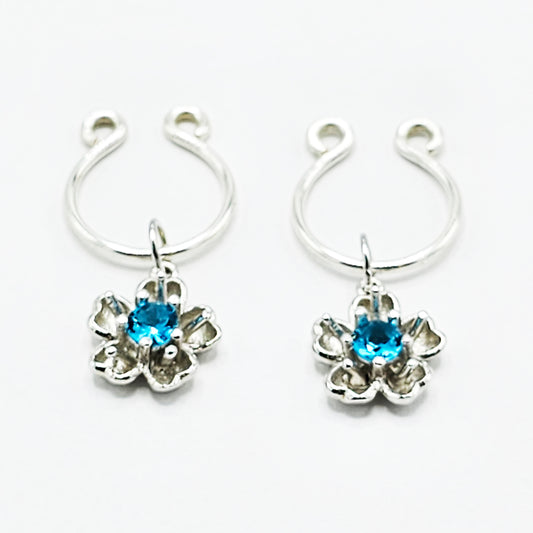 Non Piercing Nipples Jewelry, Sterling Silver Flower Nipple Rings. Sexy Nipple Rings with Blue Gem Flowers.