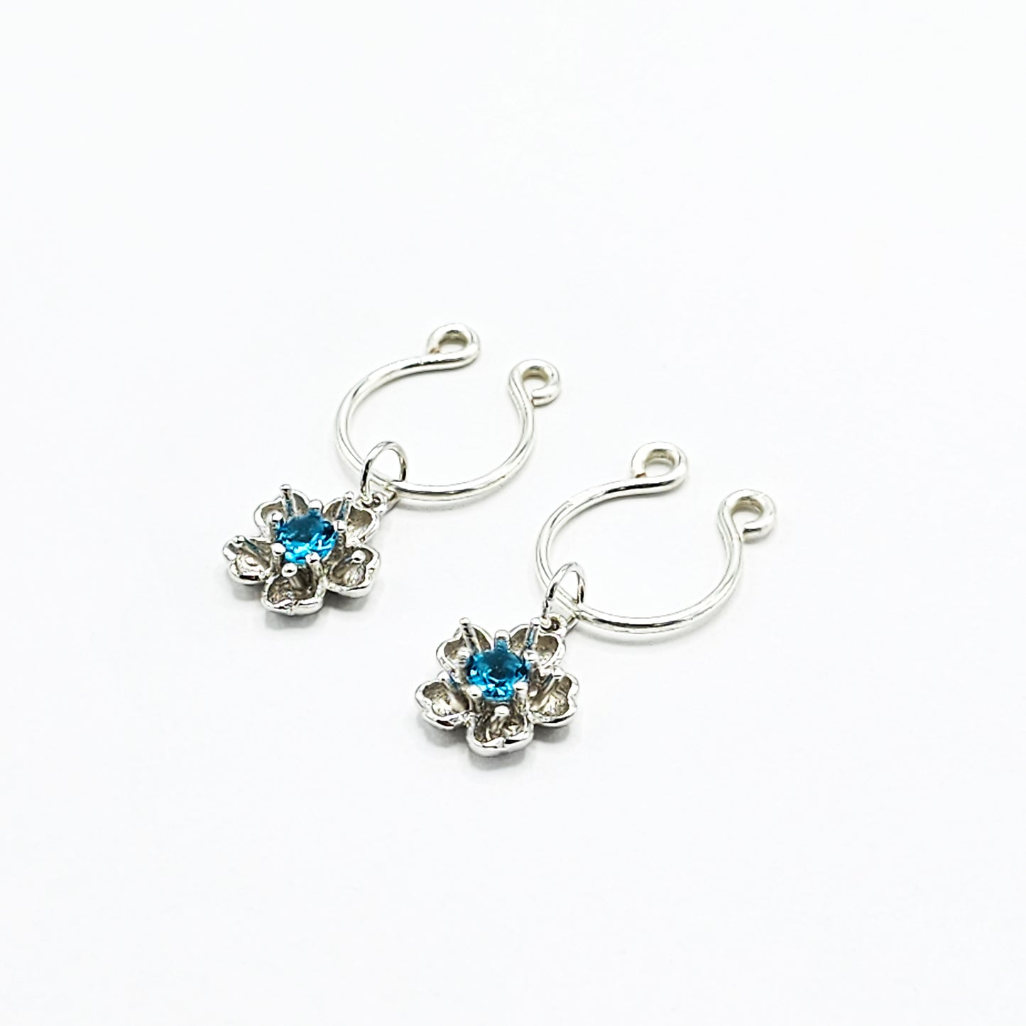 Non Piercing Nipples Jewelry, Sterling Silver Flower Nipple Rings. Sexy Nipple Rings with Blue Gem Flowers.