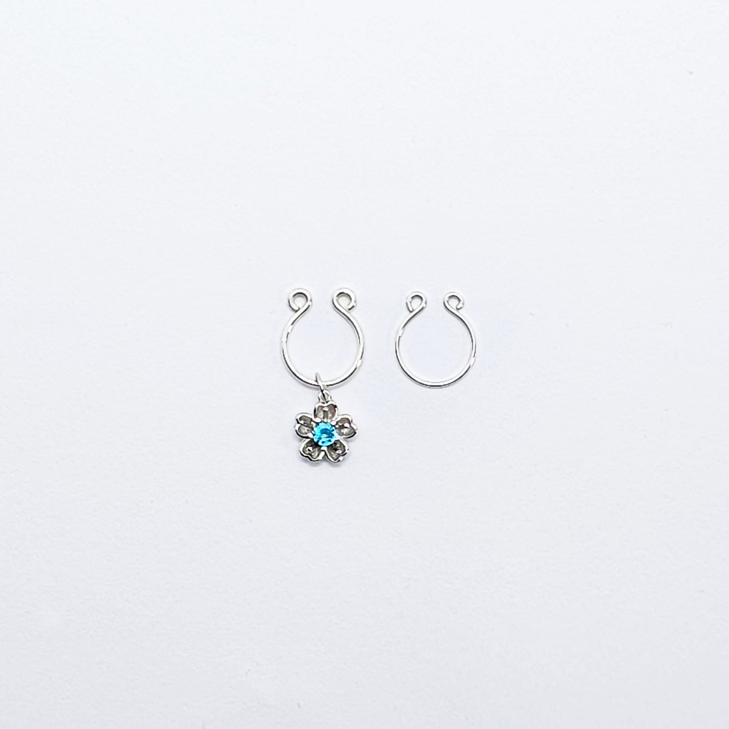 Non Piercing Nipples Jewelry, Sterling Silver Flower Nipple Rings. Sexy Nipple Rings with Blue Gem Flowers.