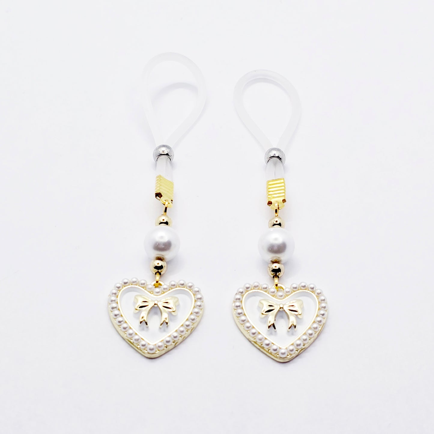 Non-Piercing Nipple Nooses or Clamps with Pearls and Hearts with Bows. Sexy Valentine's Gift for Her.