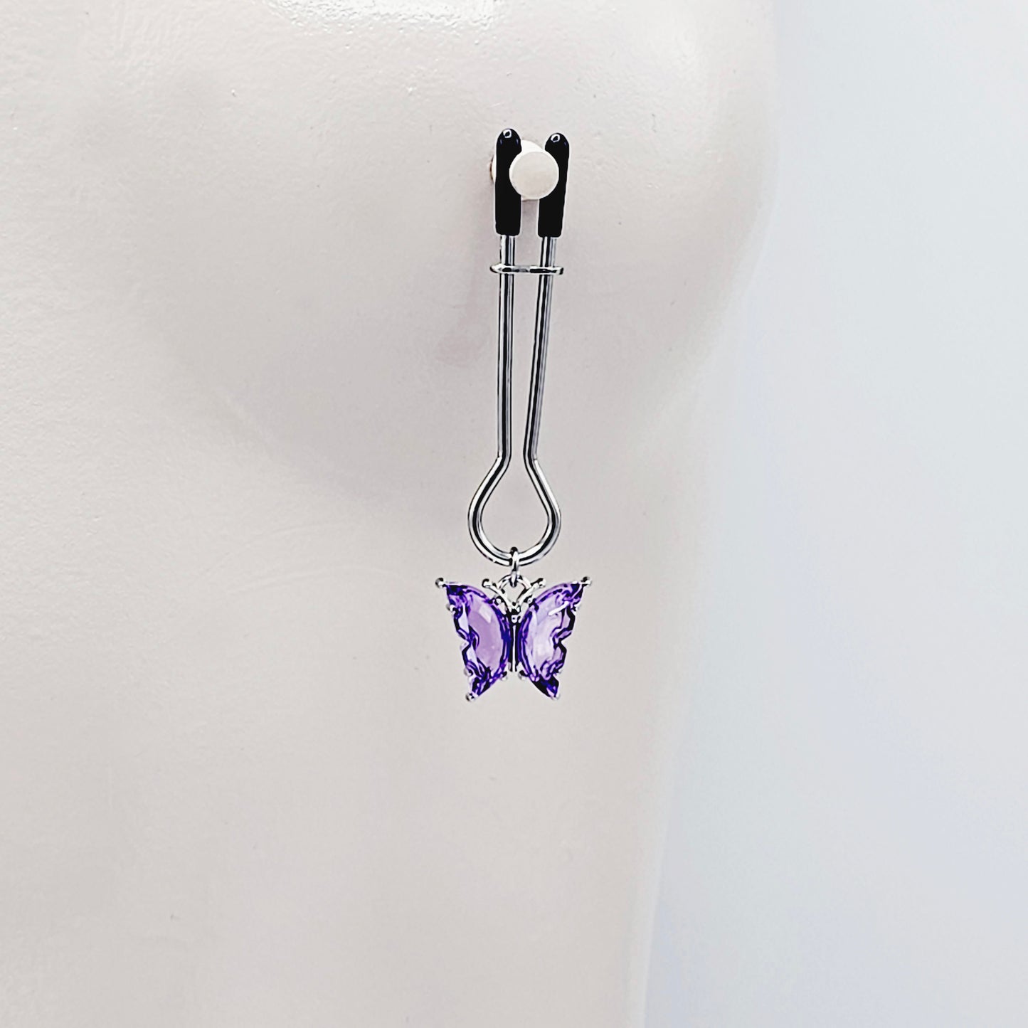 Nipple Clamps with Purple or Teal Butterflies. Adjustable Straight Tweezer Clamps.