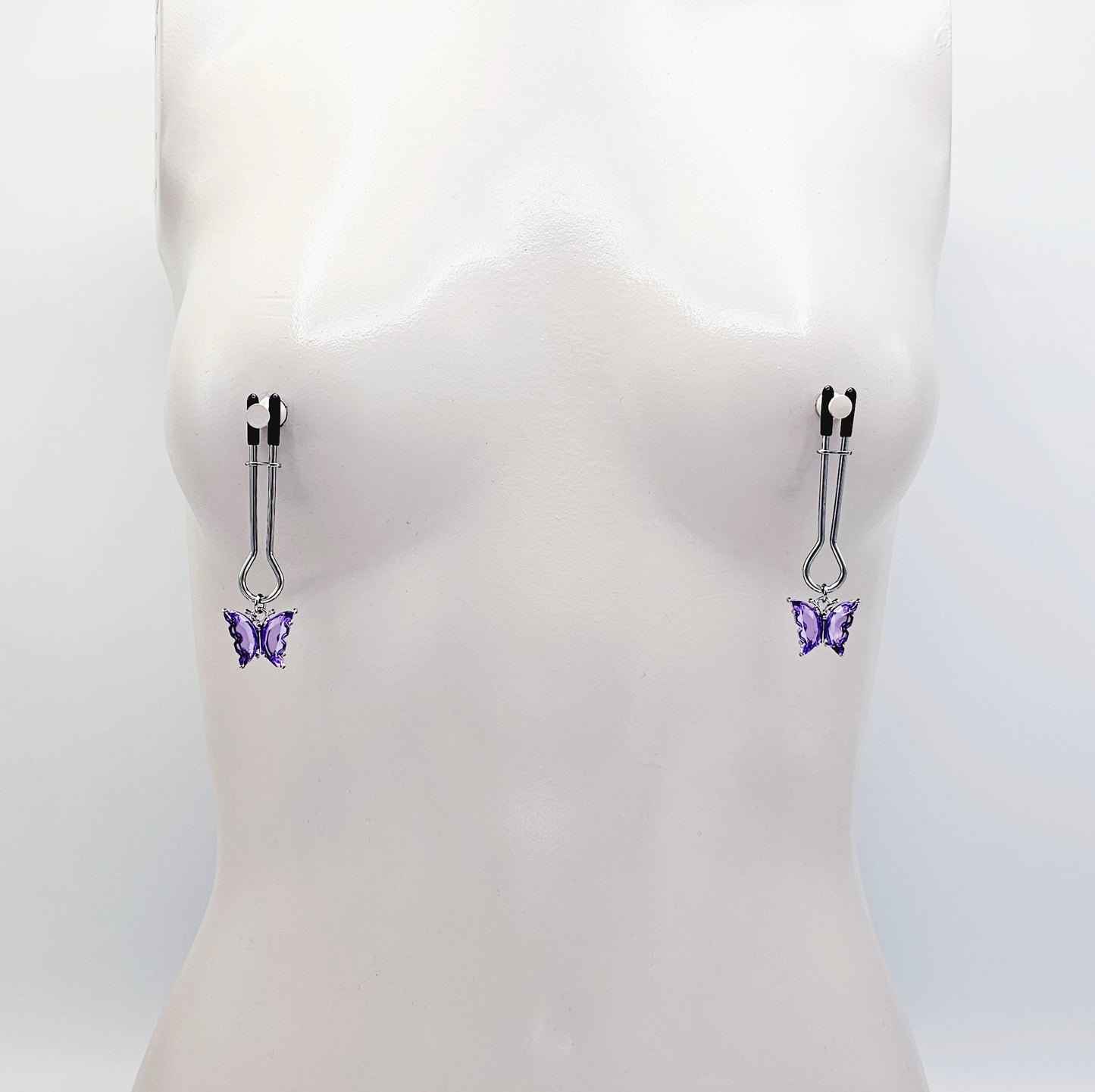 Nipple Clamps with Purple or Teal Butterflies. Adjustable Straight Tweezer Clamps.
