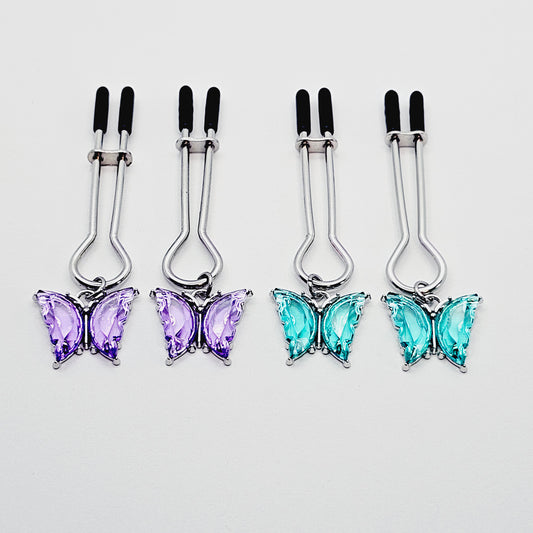 Nipple Clamps with Purple or Teal Butterflies. Adjustable Straight Tweezer Clamps.