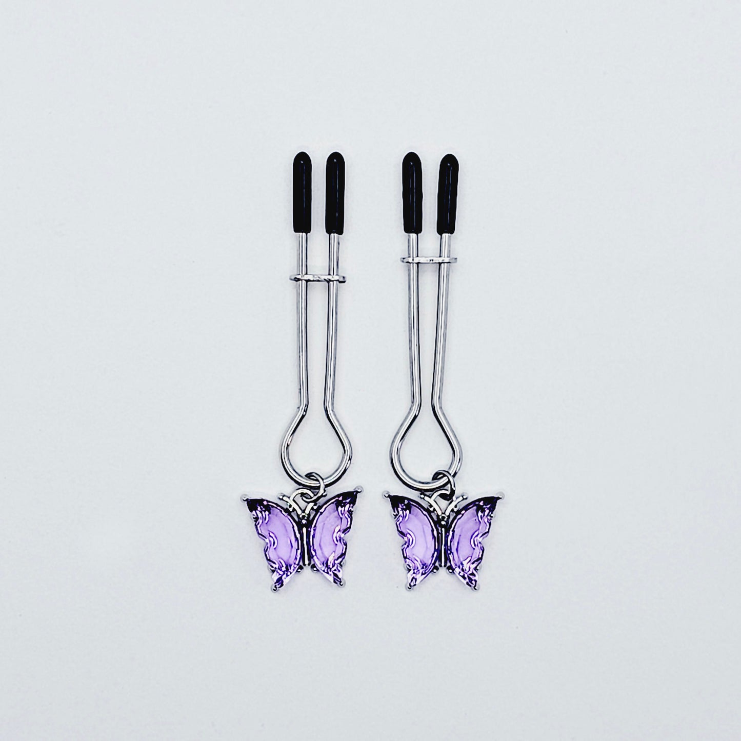 Nipple Clamps with Purple or Teal Butterflies. Adjustable Straight Tweezer Clamps.