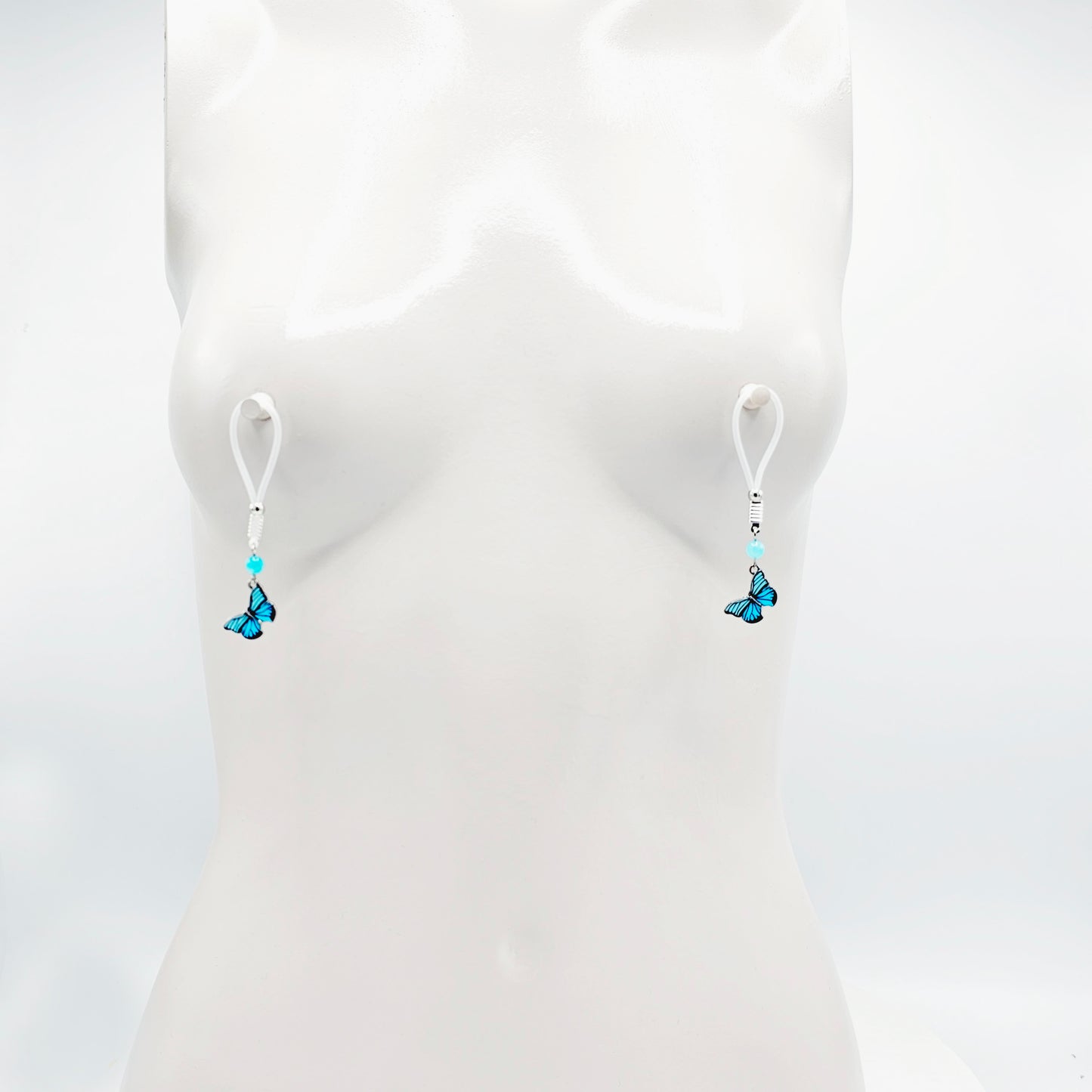 Non Piercing Nipple Nooses or Your Choice of Nipple Clamps, with Blue Stone and Butterfly