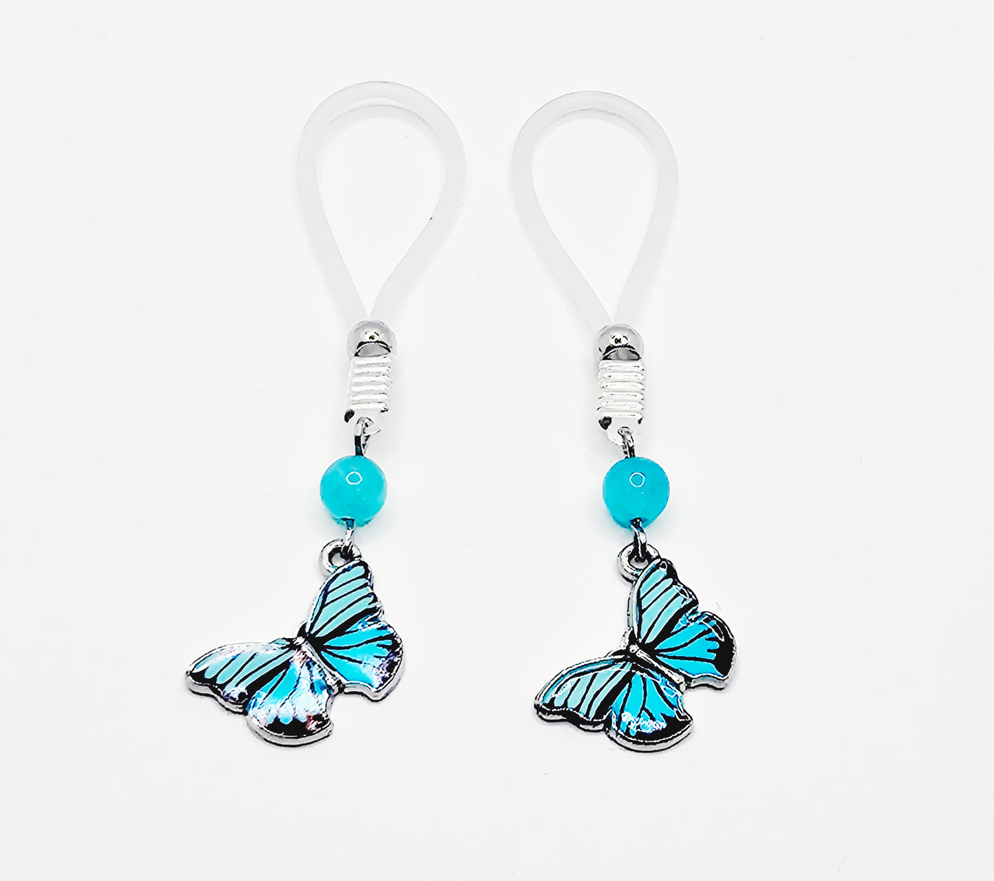 Non Piercing Nipple Nooses or Your Choice of Nipple Clamps, with Blue Stone and Butterfly