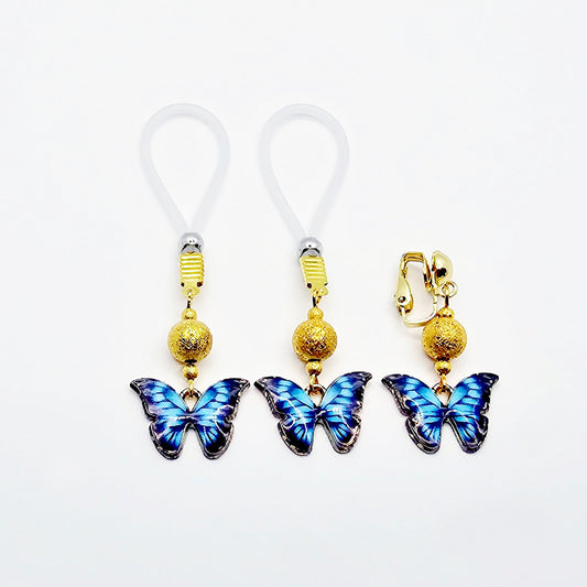 Nipple and Clitoral Jewelry Set with Butterflies, Non-Piercing. Your Choice of Butterfly and Nipple Nooses or Clamps.
