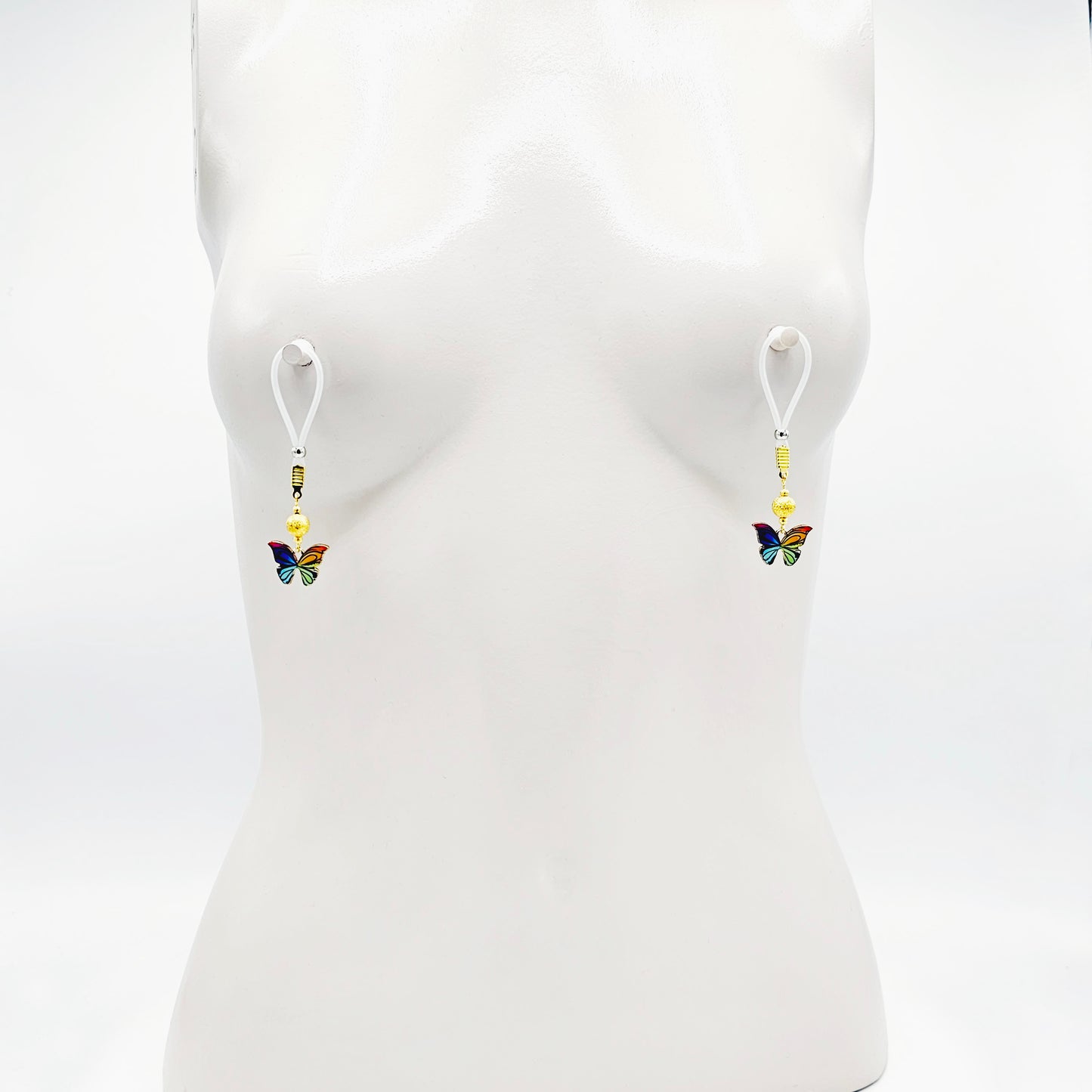 Non Piercing Nipple Nooses or Choice of Nipple Clamps with Vibrant Butterflies of Your Choice
