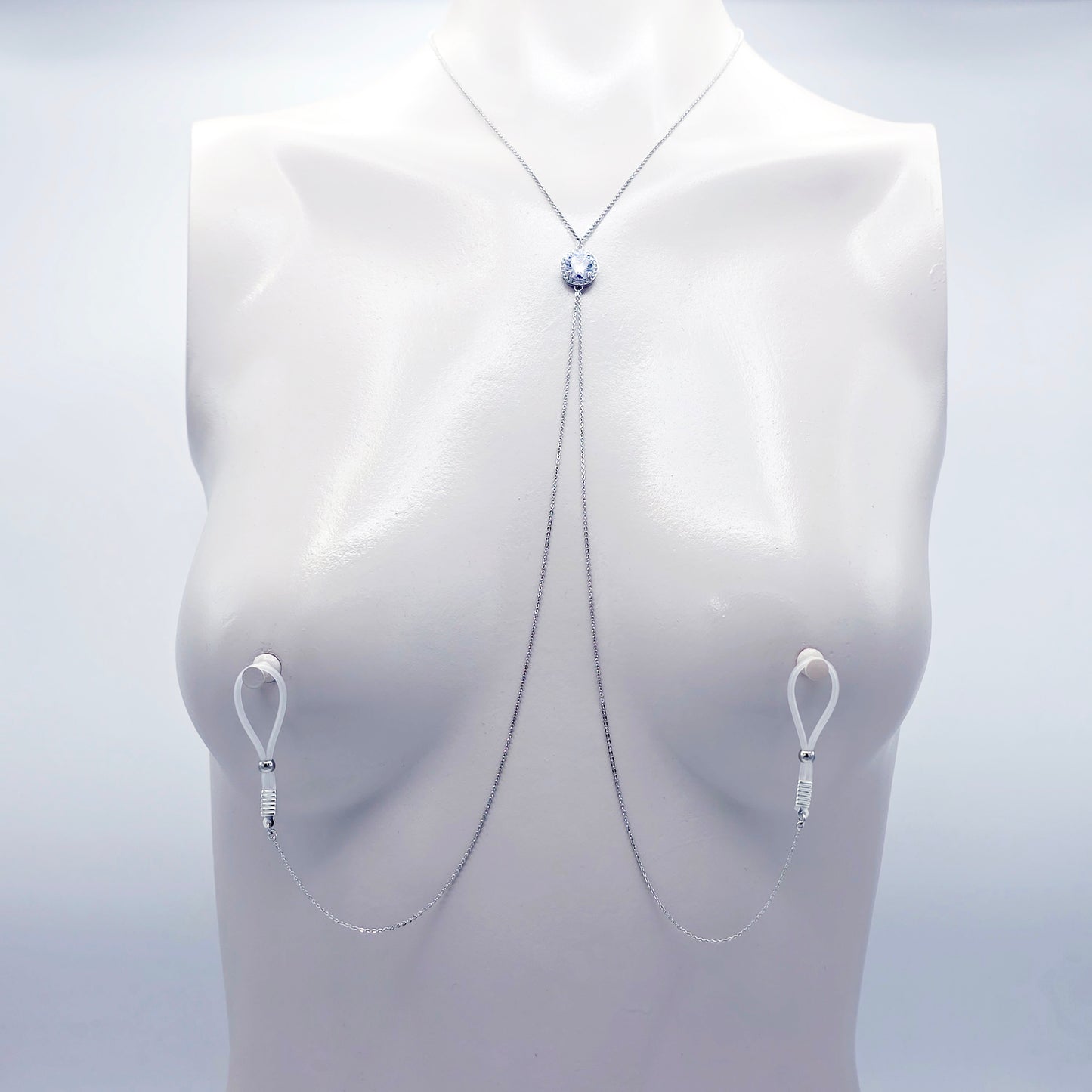 Platinum and CZ Necklace to Nipples, Non-Piercing or Pierced.