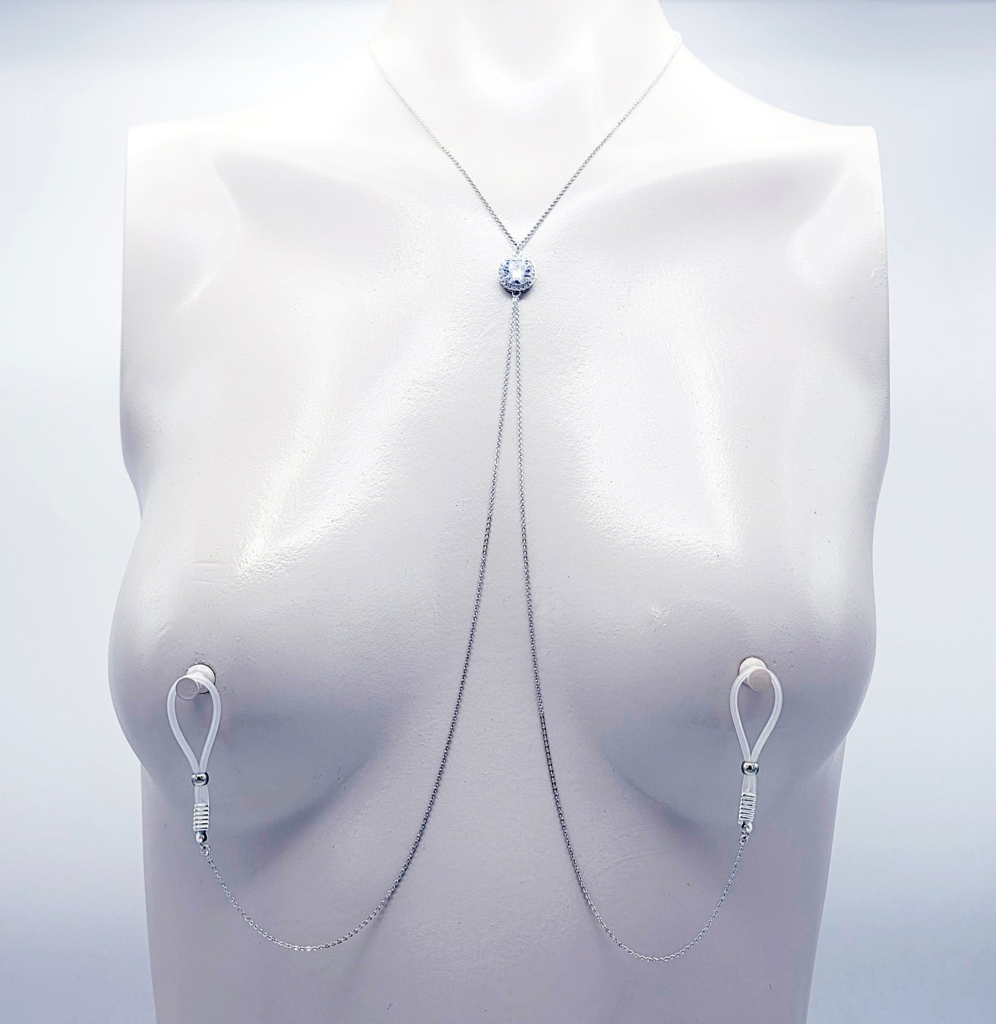 Platinum and CZ Necklace to Nipples, Non-Piercing or Pierced.