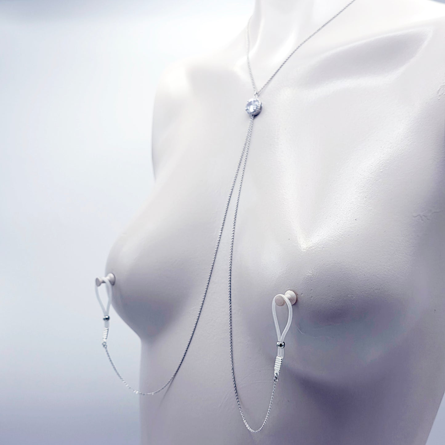 Platinum and CZ Necklace to Nipples, Non-Piercing or Pierced.