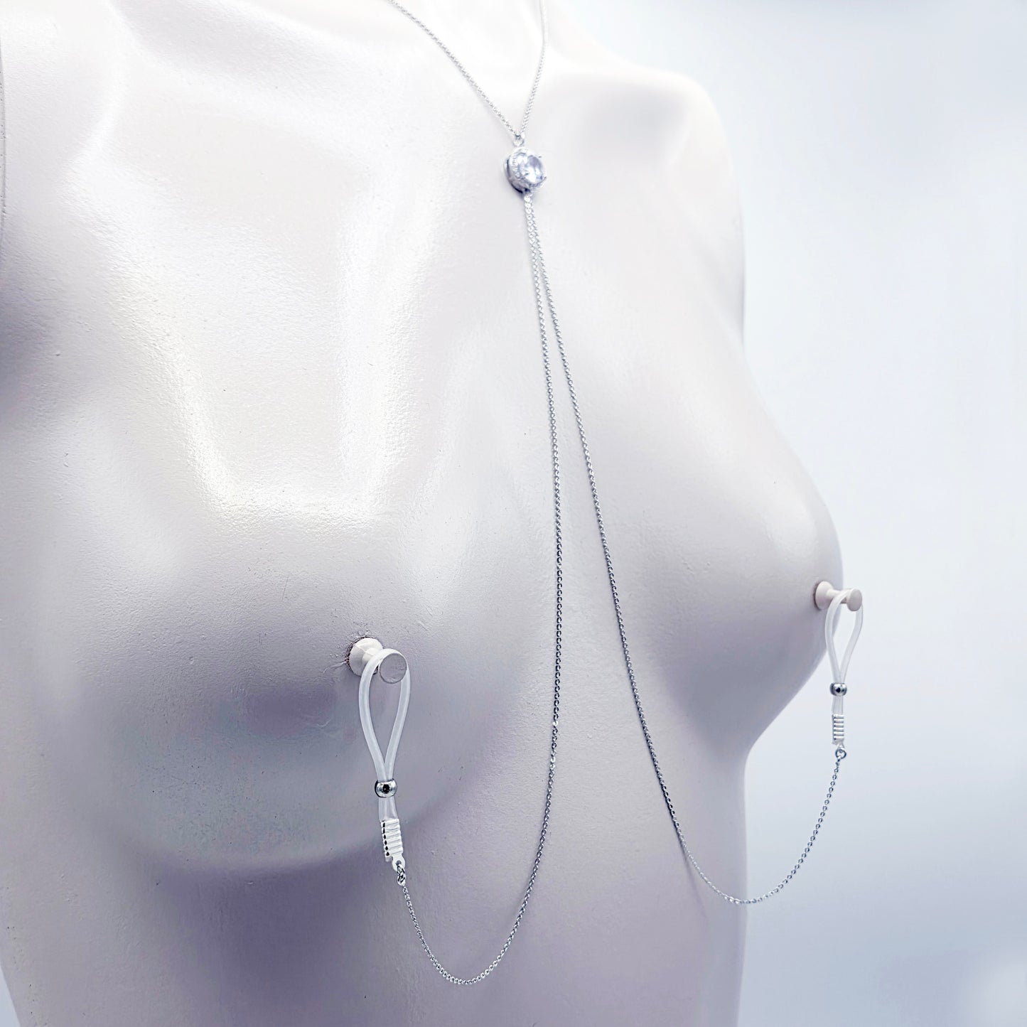 Platinum and CZ Necklace to Nipples, Non-Piercing or Pierced.