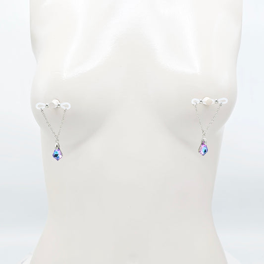 Fake Nipple Barbell Piercing. Nipple Noose with Chain and Crystal.