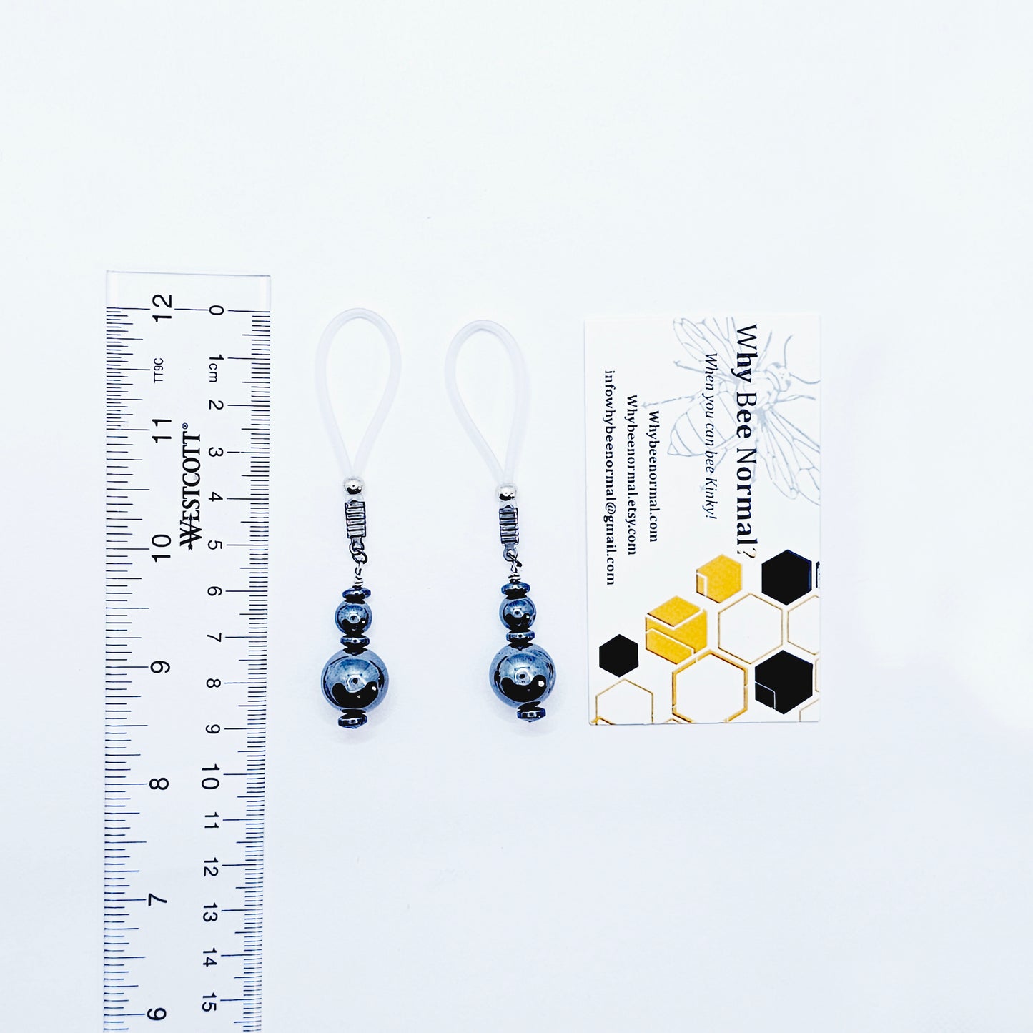 Weighted Nipple Noose Dangles with Hematite Beads, Non-Piercing. Or choose one of our five types of nipple clamps.
