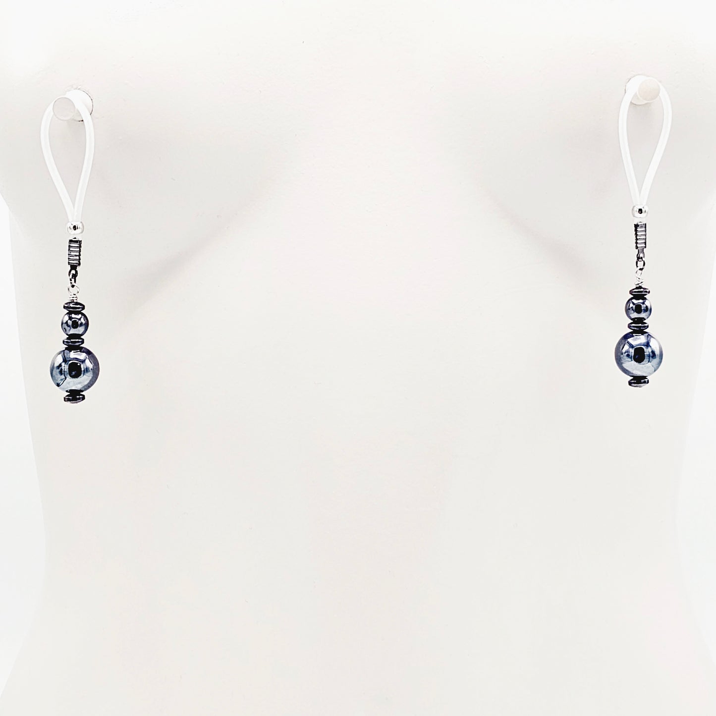 Weighted Nipple Noose Dangles with Hematite Beads, Non-Piercing. Or choose one of our five types of nipple clamps.
