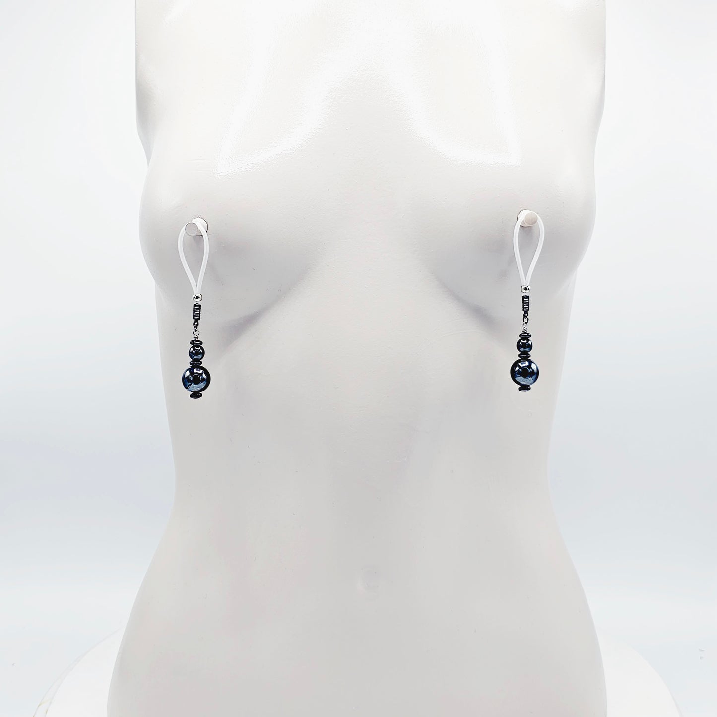 Weighted Nipple Noose Dangles with Hematite Beads, Non-Piercing. Or choose one of our five types of nipple clamps.