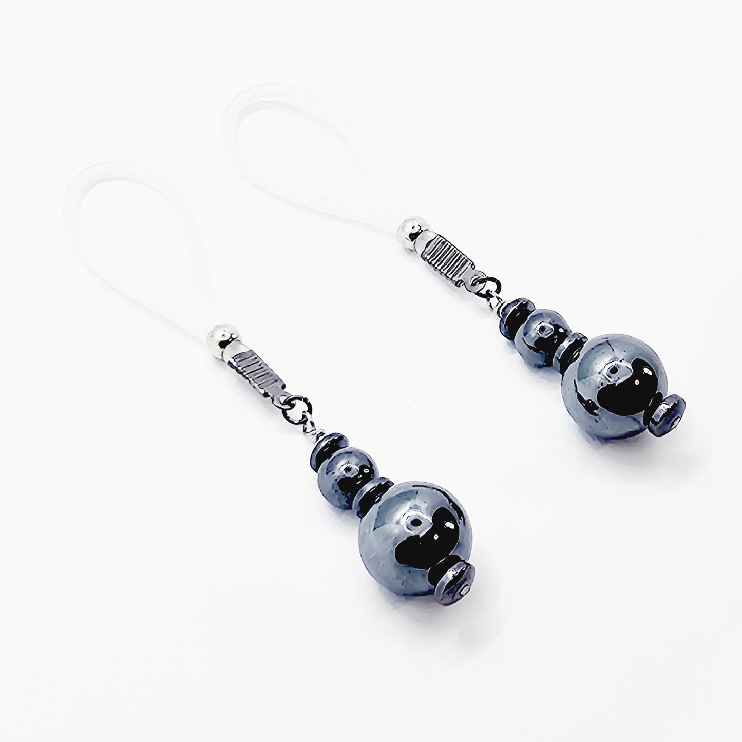 Weighted Nipple Noose Dangles with Hematite Beads, Non-Piercing. Or choose one of our five types of nipple clamps.