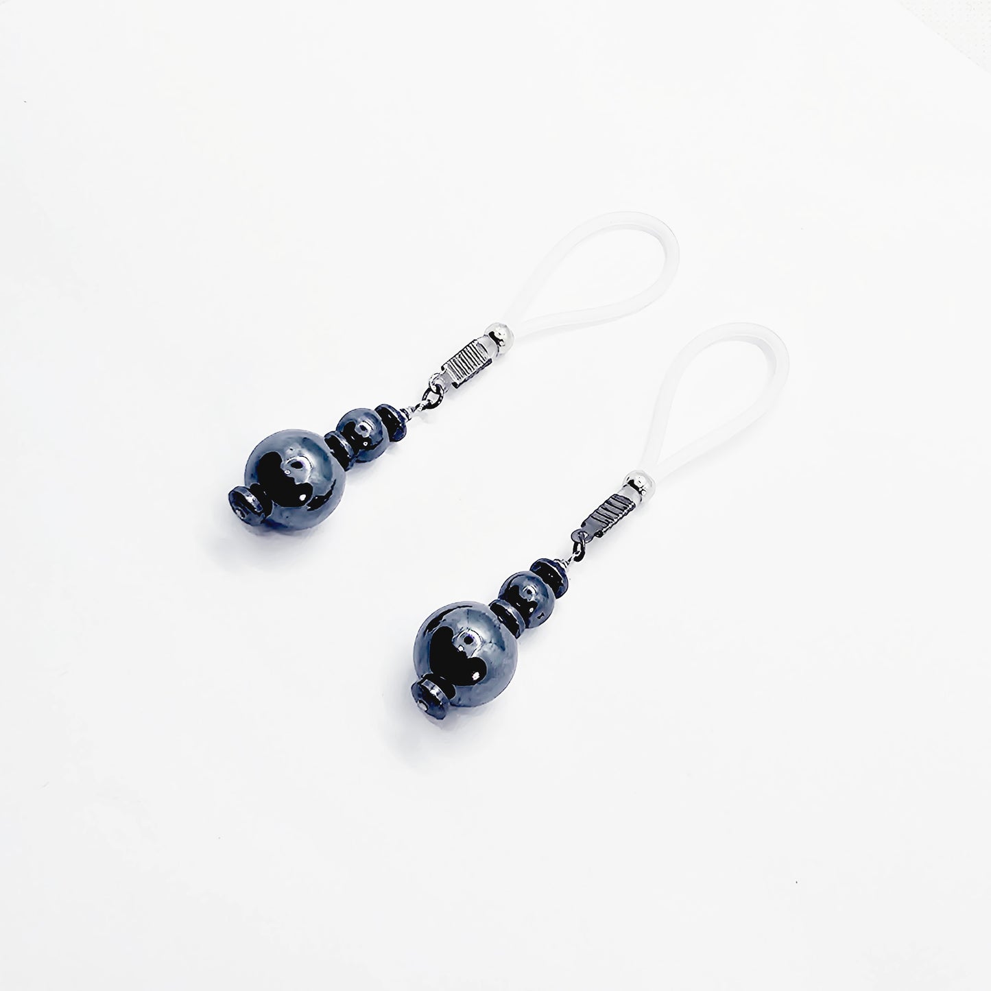 Weighted Nipple Noose Dangles with Hematite Beads, Non-Piercing. Or choose one of our five types of nipple clamps.
