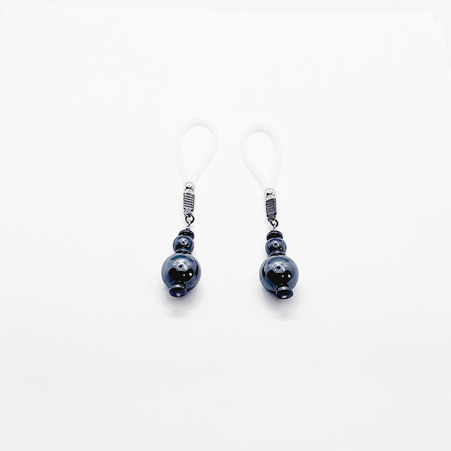 Weighted Nipple Noose Dangles with Hematite Beads, Non-Piercing. Or choose one of our five types of nipple clamps.