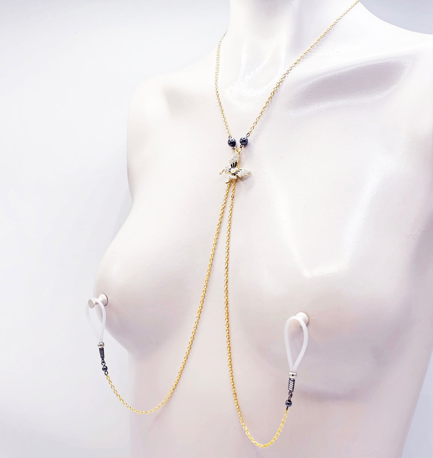 Gold Necklace to Nipple, Non-Piercing, with Beautiful Butterfly. Choose Nipple Nooses or Nipple Clamps. MATURE Body Jewelry