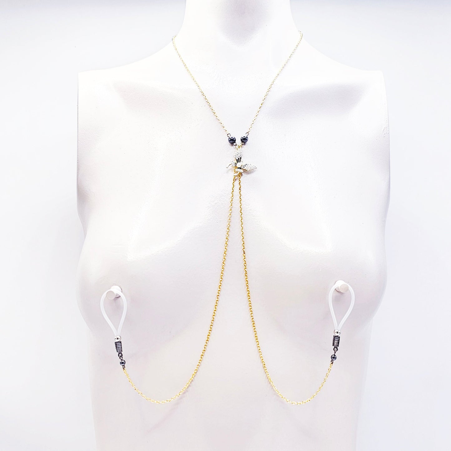 Gold Necklace to Nipple, Non-Piercing, with Beautiful Butterfly. Choose Nipple Nooses or Nipple Clamps. MATURE Body Jewelry