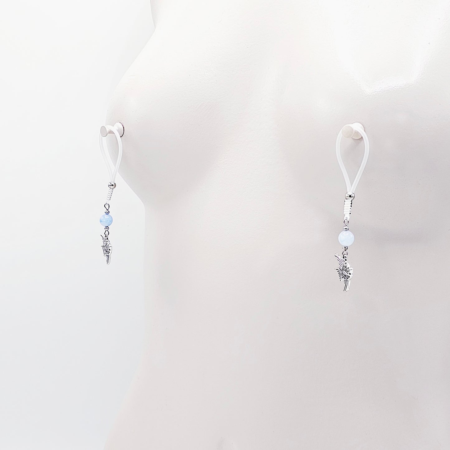Tropical Nipple Nooses Dangles with Aquamarine Beads and Tropical Fish.