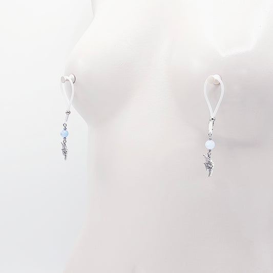 Tropical Nipple Nooses Dangles with Aquamarine Beads and Tropical Fish.