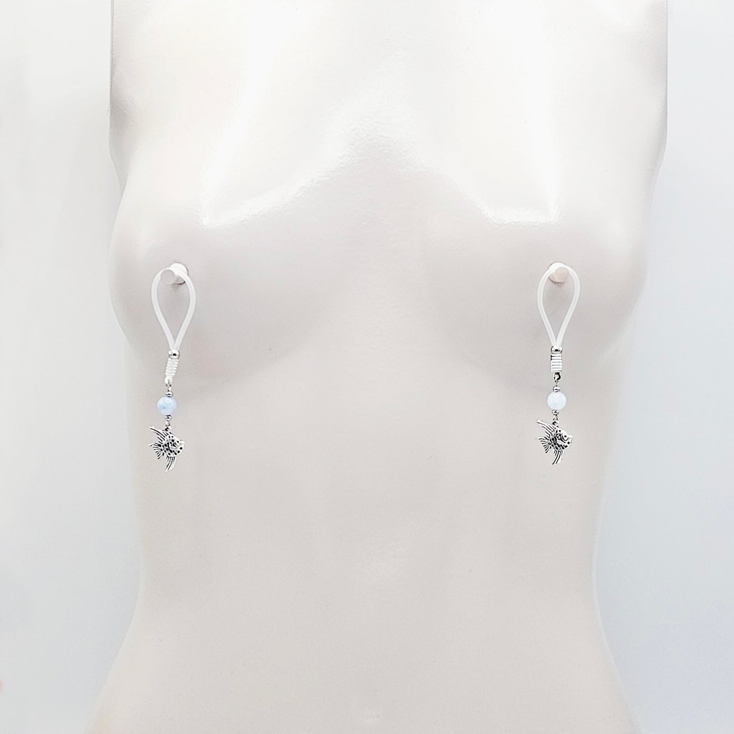 Tropical Nipple Nooses Dangles with Aquamarine Beads and Tropical Fish.