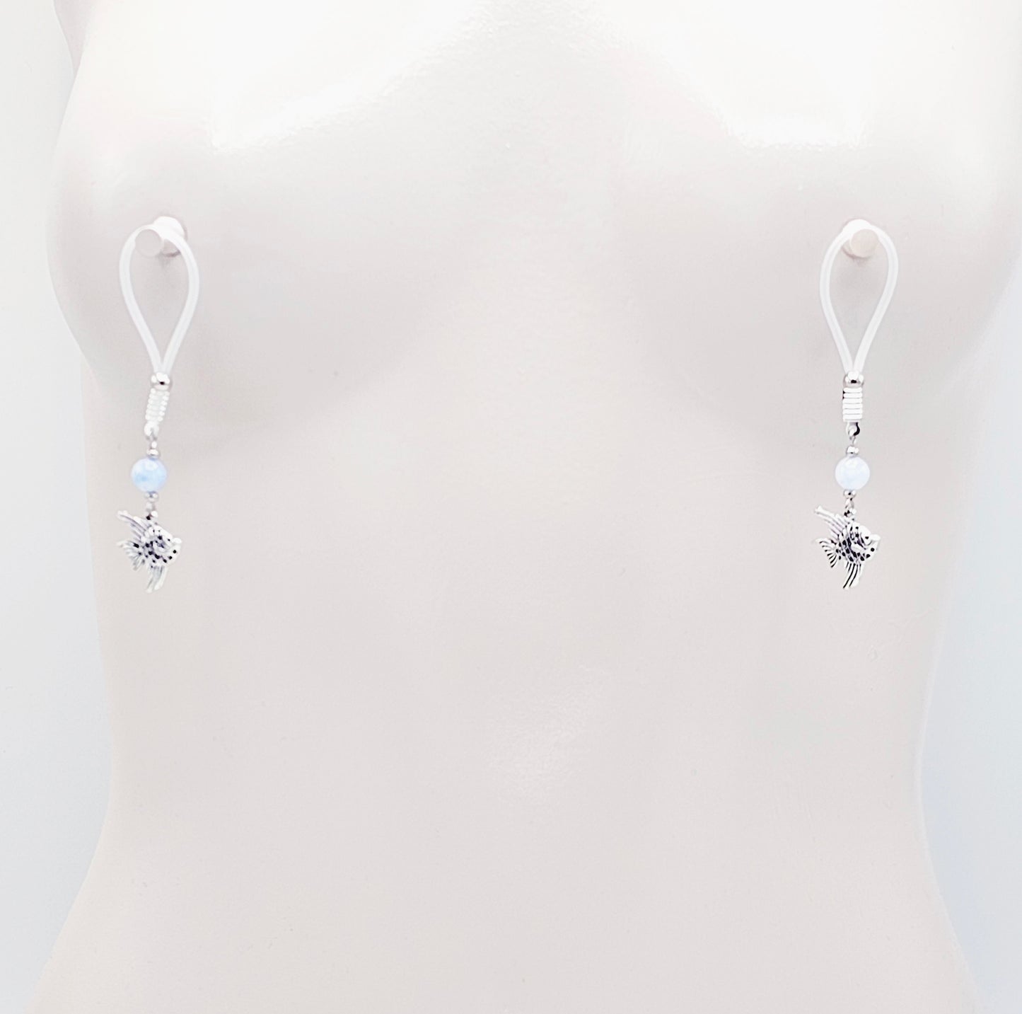 Tropical Nipple Nooses Dangles with Aquamarine Beads and Tropical Fish.