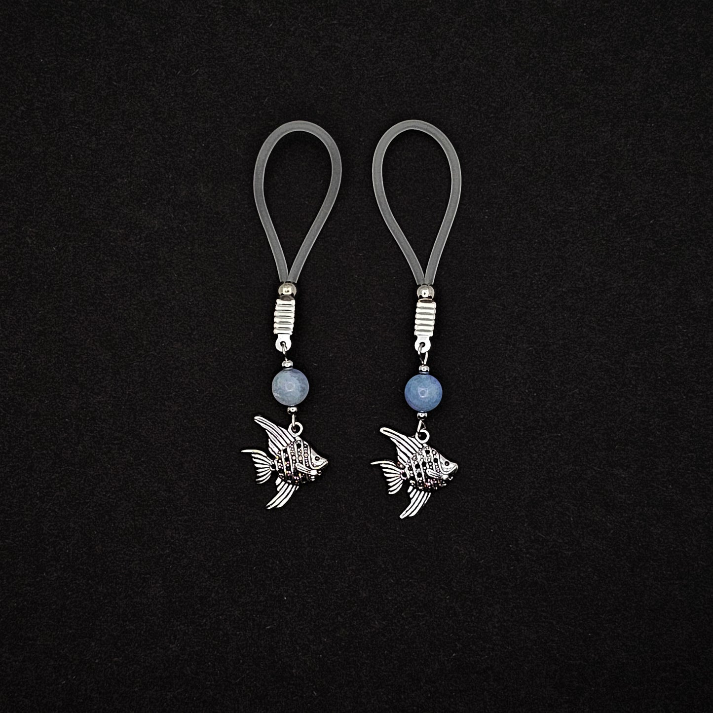 Tropical Nipple Nooses Dangles with Aquamarine Beads and Tropical Fish.