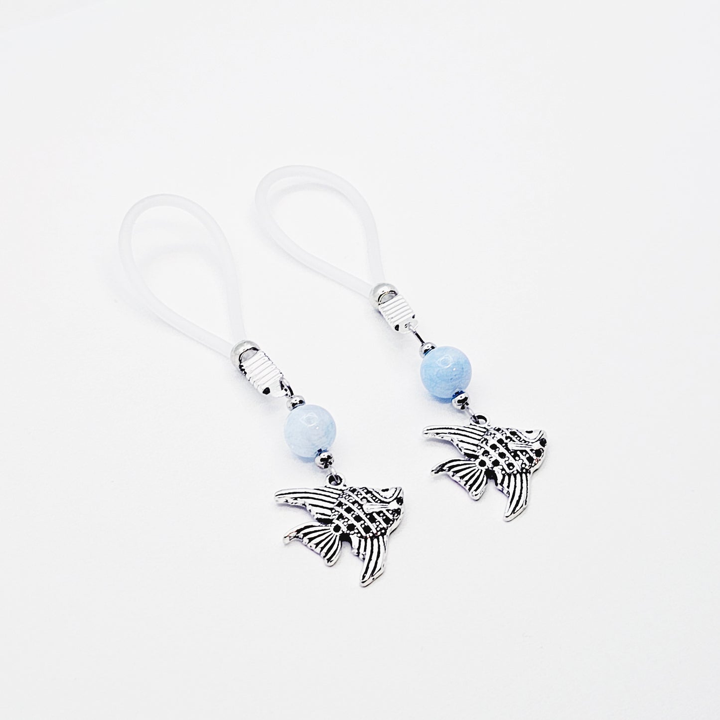 Tropical Nipple Nooses Dangles with Aquamarine Beads and Tropical Fish.