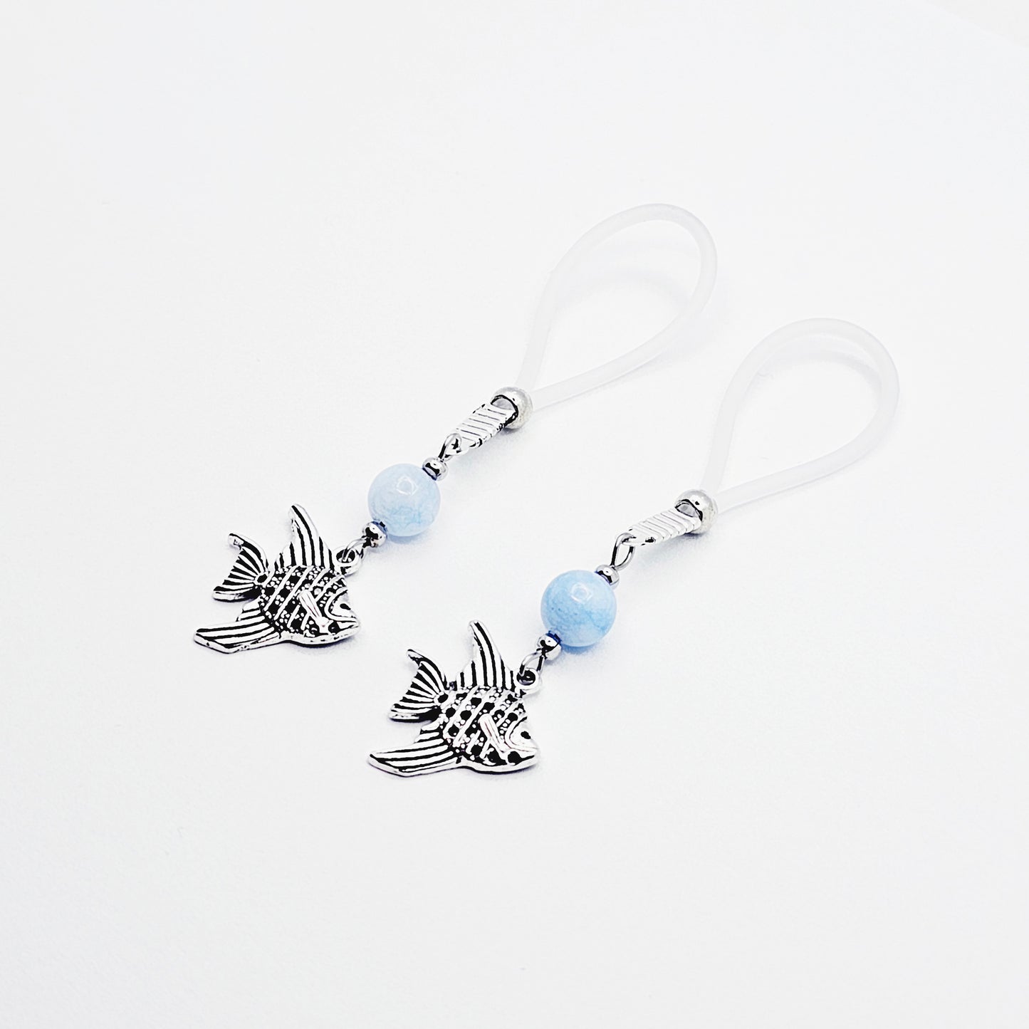 Tropical Nipple Nooses Dangles with Aquamarine Beads and Tropical Fish.