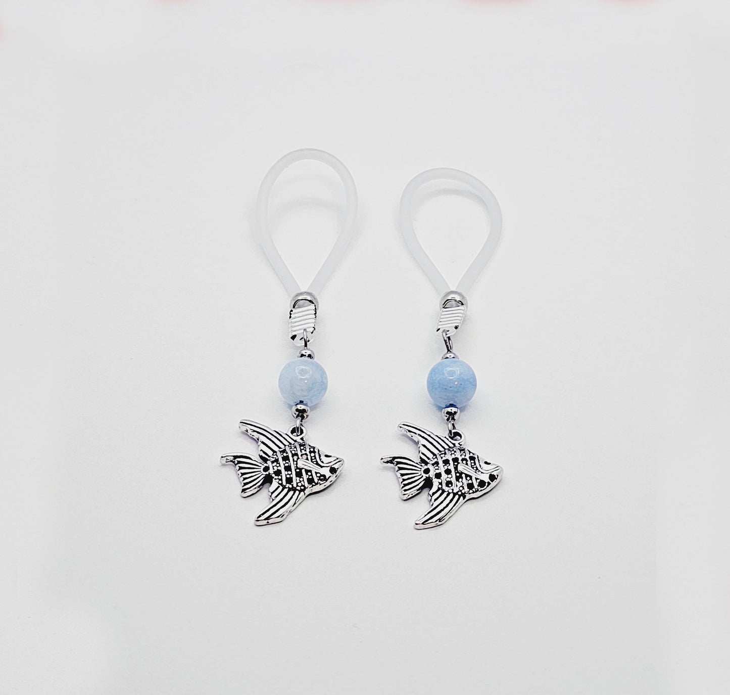 Tropical Nipple Nooses Dangles with Aquamarine Beads and Tropical Fish.