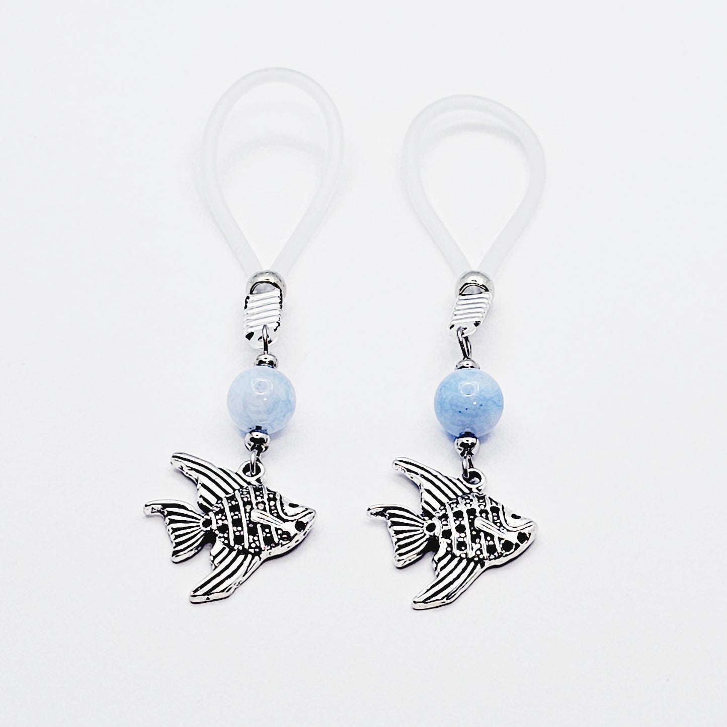 Tropical Nipple Nooses Dangles with Aquamarine Beads and Tropical Fish.