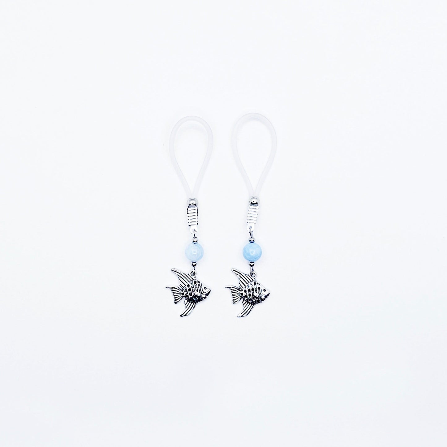 Tropical Nipple Nooses Dangles with Aquamarine Beads and Tropical Fish.