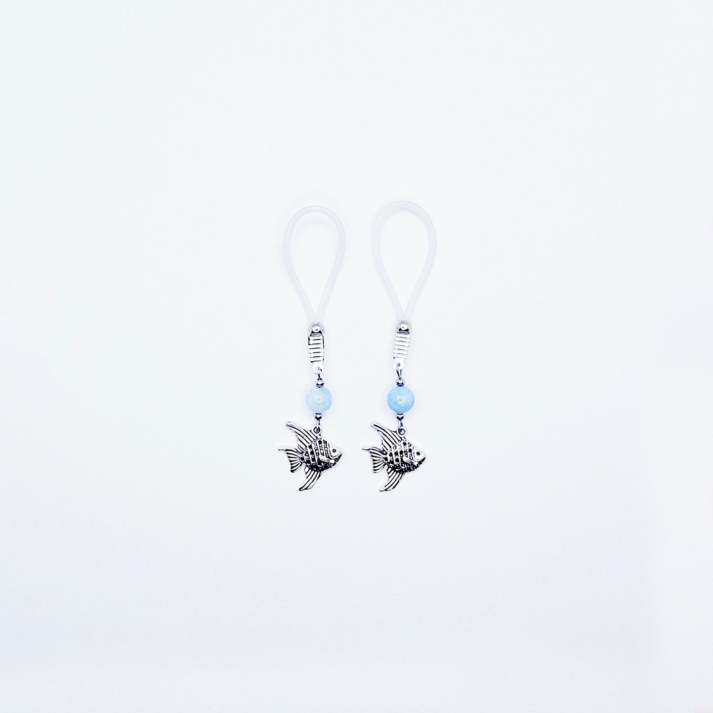 Tropical Nipple Nooses Dangles with Aquamarine Beads and Tropical Fish.