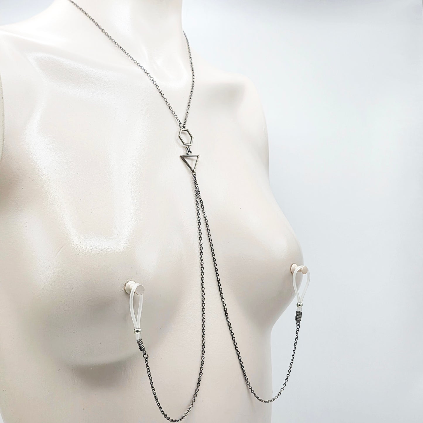 Necklace to Nipple, Geometric with Nipple Chains. Four Color Options. Non-Piercing or use with pierced or Nipple Clamps