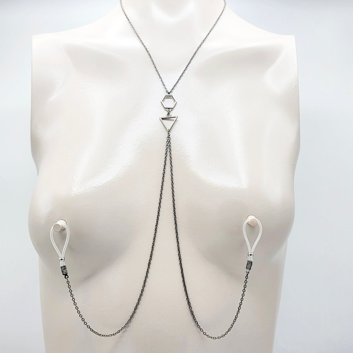 Necklace to Nipple, Geometric with Nipple Chains. Four Color Options. Non-Piercing or use with pierced or Nipple Clamps