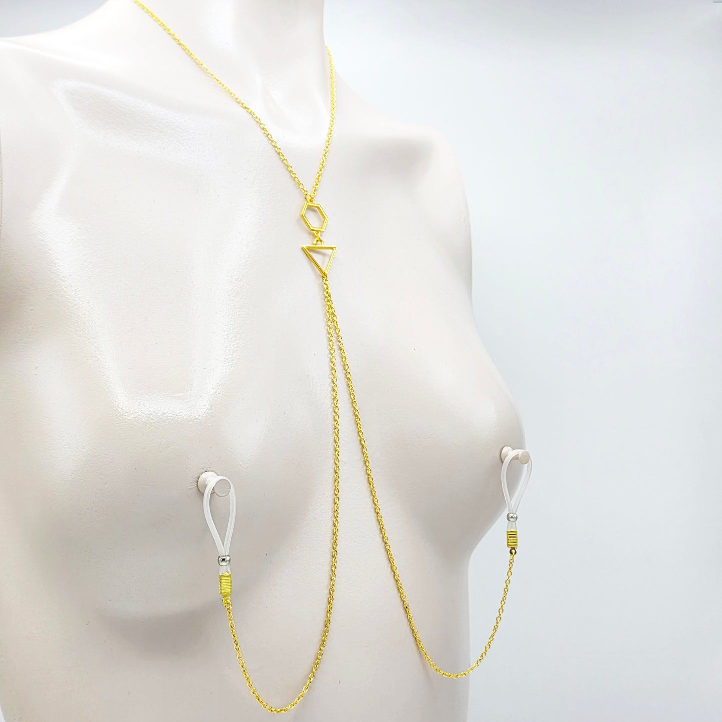 Necklace to Nipple, Geometric with Nipple Chains. Four Color Options. Non-Piercing or use with pierced or Nipple Clamps