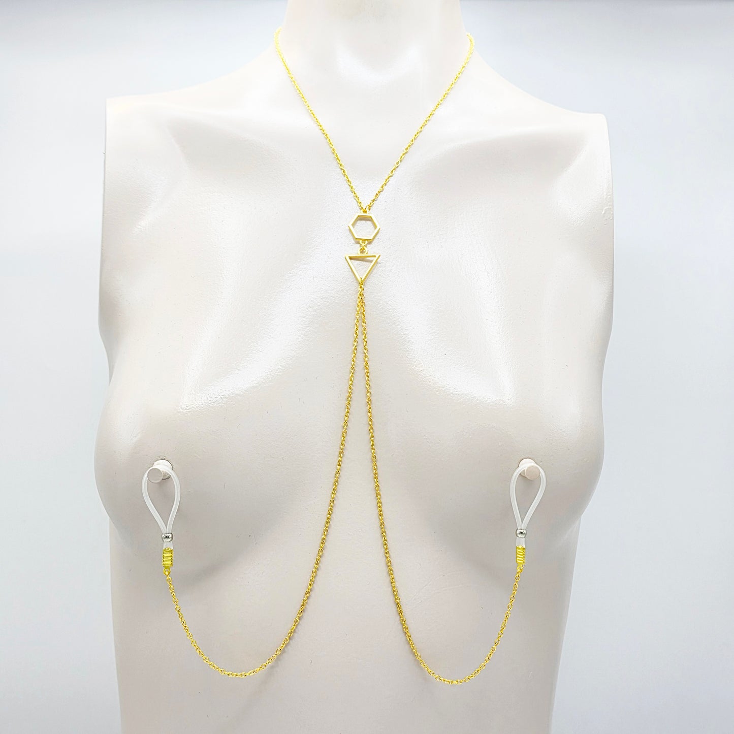 Necklace to Nipple, Geometric with Nipple Chains. Four Color Options. Non-Piercing or use with pierced or Nipple Clamps