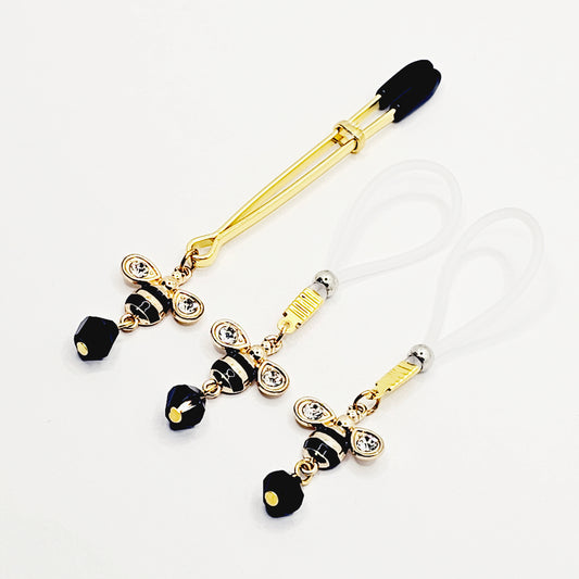Clit Clamp and Nipple Dangle Set with Bee. Gold Tweezer Clitoral Clamp and Nipple Nooses or Nipple Clamps