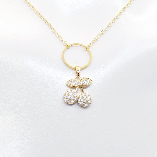18K Gold Discreet Day Collar with Cubic Zirconia Cherries. Gift for BDSM Submissive. Real Gold Choker Necklace.