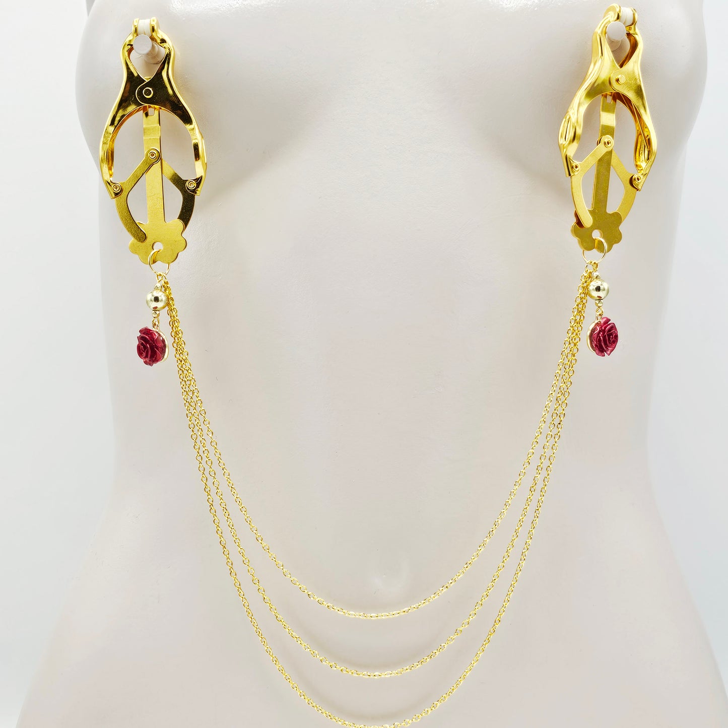 Gold Clover Clamps with Multi Chains Attached and Red Roses.