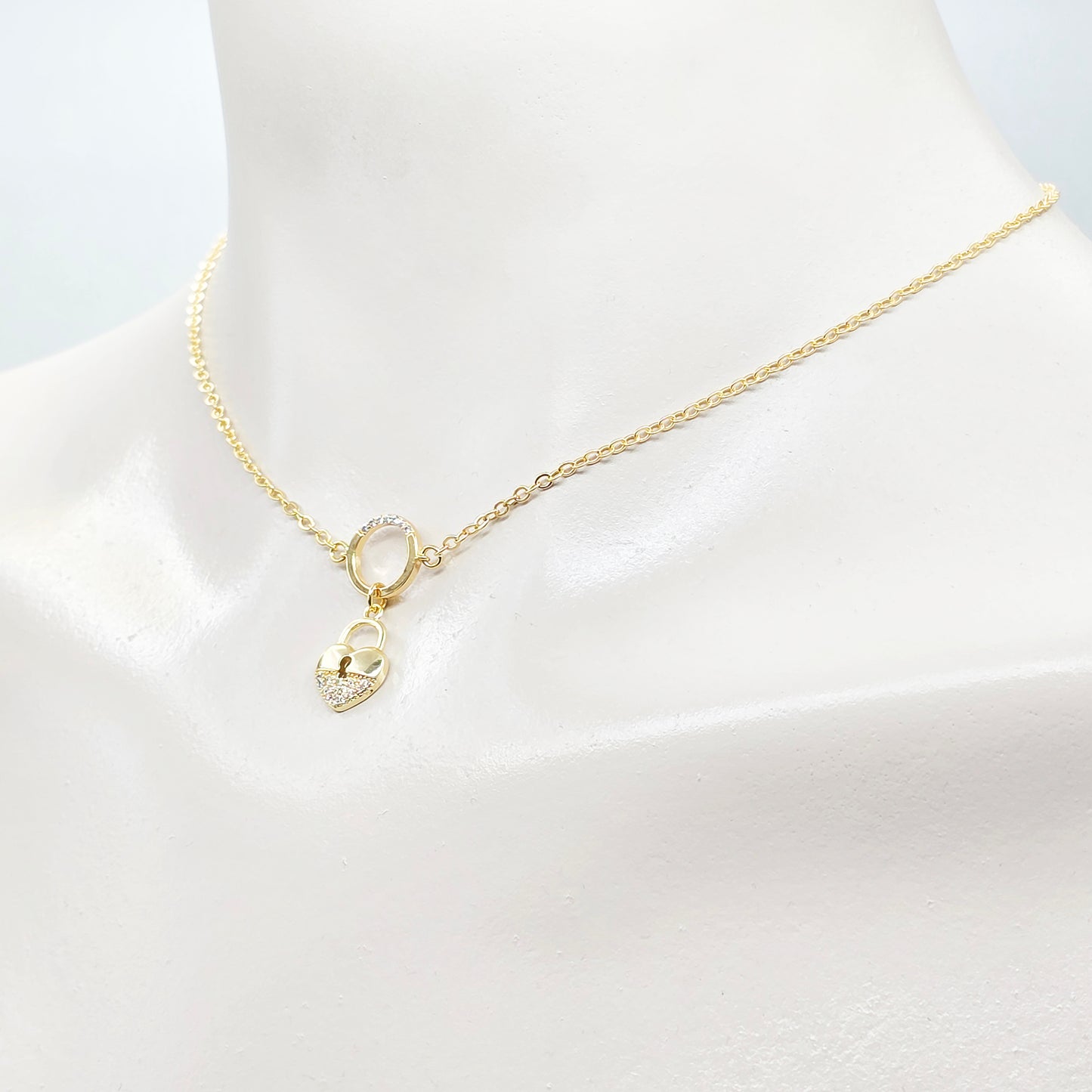 Submissive Day Collar, 18K Gold with CZ Circle of O and Padlock Pendants. Dainty and Discreet BDSM Jewelry.