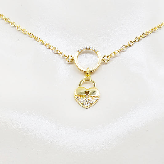 Submissive Day Collar, 18K Gold with CZ Circle of O and Padlock Pendants. Dainty and Discreet BDSM Jewelry.