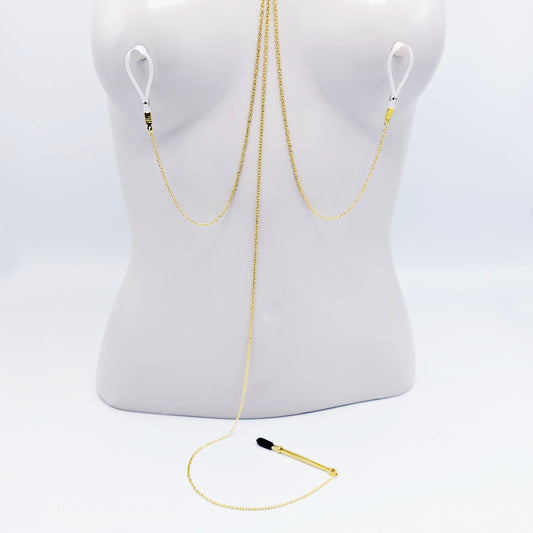 Gold Triple Clamp Tri Circle Necklace to Nipples and Clit. Featuring a Tweezer Clitoral Clamp and Your Choice of Nipple Attachment.