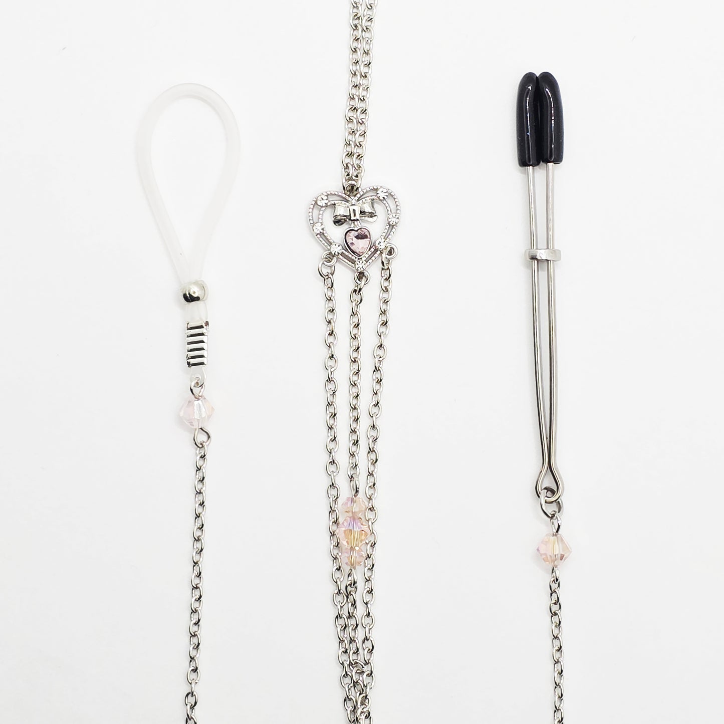 Necklace to Nipple with Tweezer Clit Clamp with Heart and Pink Crystals.