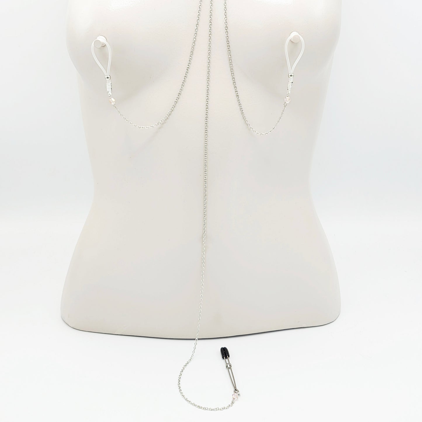 Necklace to Nipple with Tweezer Clit Clamp with Heart and Pink Crystals.