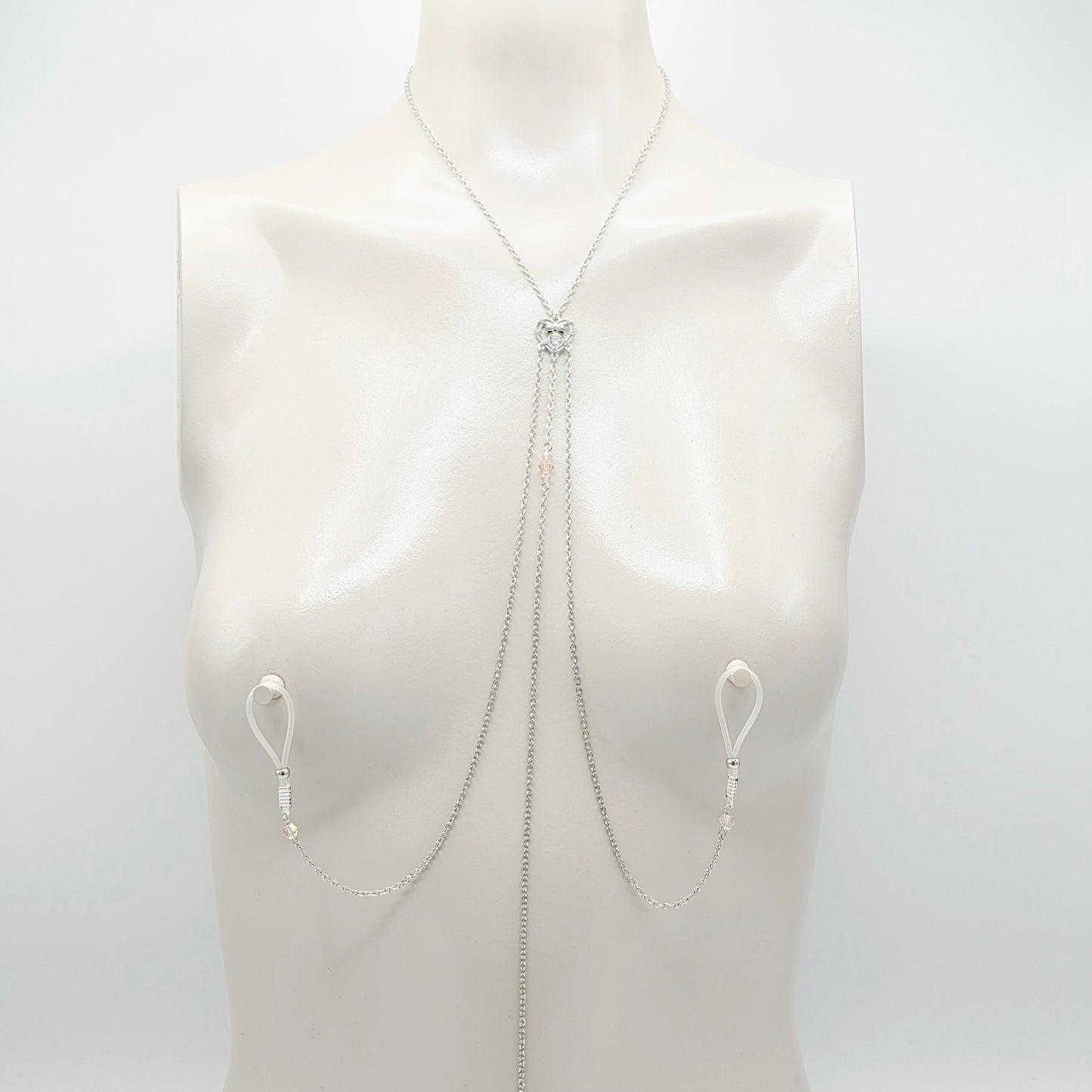 Necklace to Nipple with Tweezer Clit Clamp with Heart and Pink Crystals.