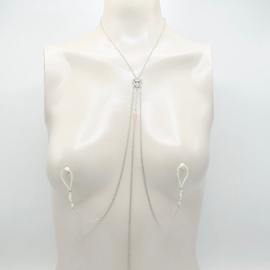 Necklace to Nipple with Tweezer Clit Clamp with Heart and Pink Crystals.